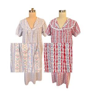Floral Stripe Lanz of Salzburg Nightgown Bundle Eyelet Lace M Red Blue Vintage